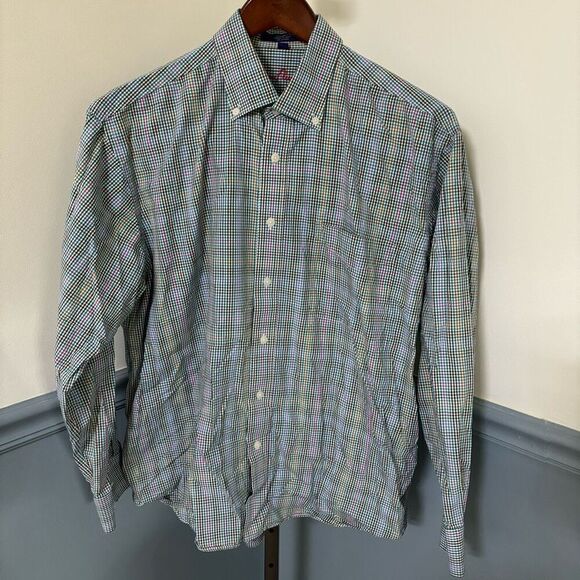 Alan Flusser Check Plaid Print Multi Color Long Sleeve Button Down Shirt  Large - Picture 1 of 3